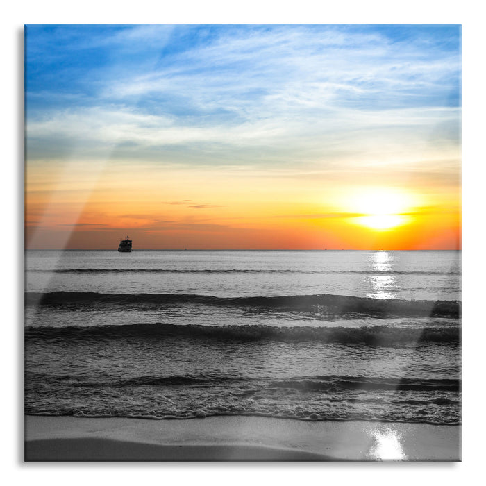 Pixxprint Malibu Beach Sunrise Water Sand, Glasbild Quadratisch