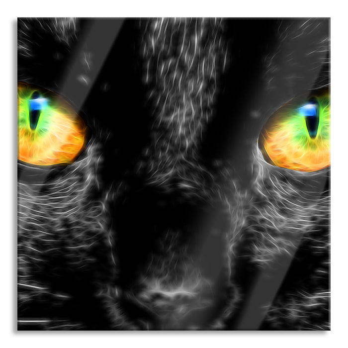 Pixxprint schwarze Katze mit magischen Augen, Glasbild Quadratisch