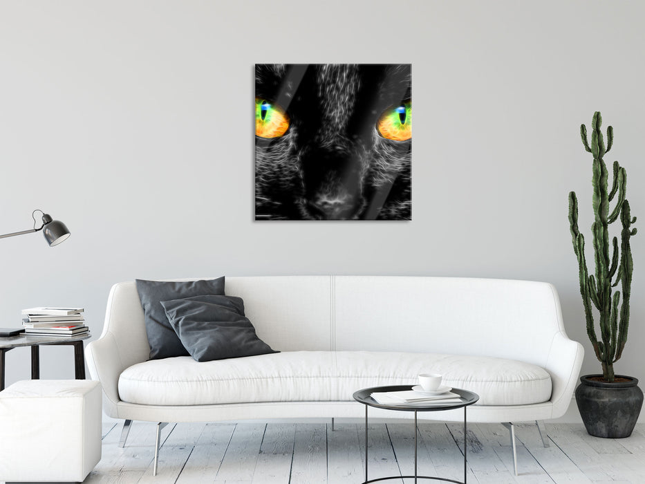 schwarze Katze mit magischen Augen, Glasbild Quadratisch