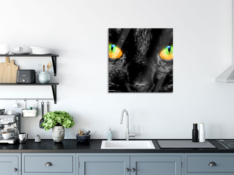 schwarze Katze mit magischen Augen, Glasbild Quadratisch