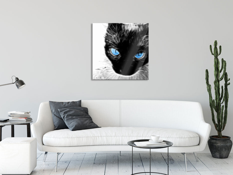 Blaue Augen schwarze Katze new Art, Glasbild Quadratisch