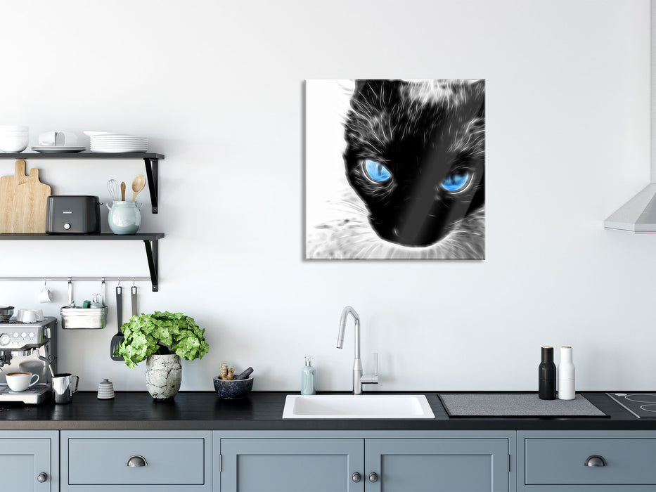 Blaue Augen schwarze Katze new Art, Glasbild Quadratisch