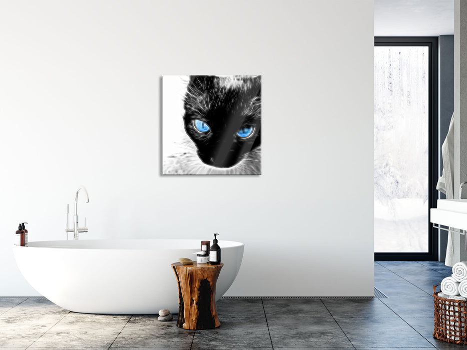 Blaue Augen schwarze Katze new Art, Glasbild Quadratisch