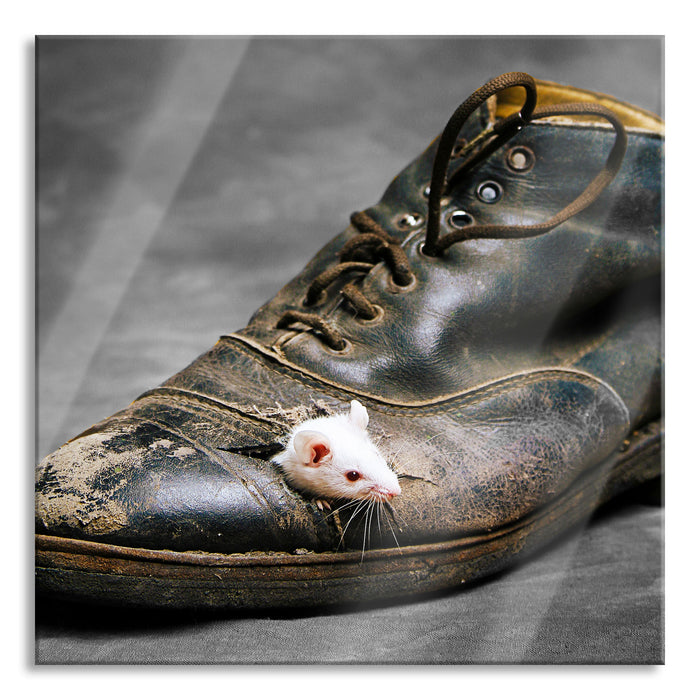 Pixxprint Maus im schwarzer Schuh, Glasbild Quadratisch