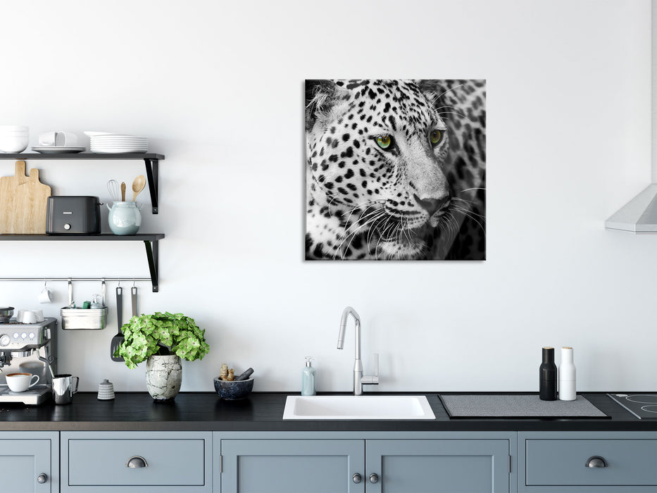 Dark Leopard mit grünen Augen, Glasbild Quadratisch