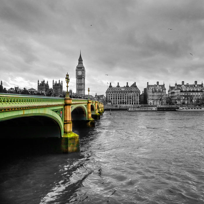 London mit Themse und Big Ben, Glasbild Quadratisch