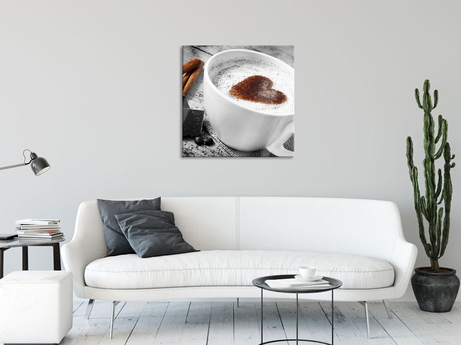 schönes Kaffeesahneherz, Glasbild Quadratisch