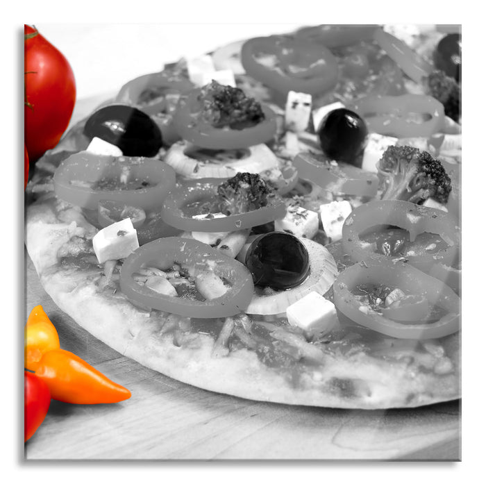 Pixxprint Pizza mit Oliven und Hirtenkäse, Glasbild Quadratisch