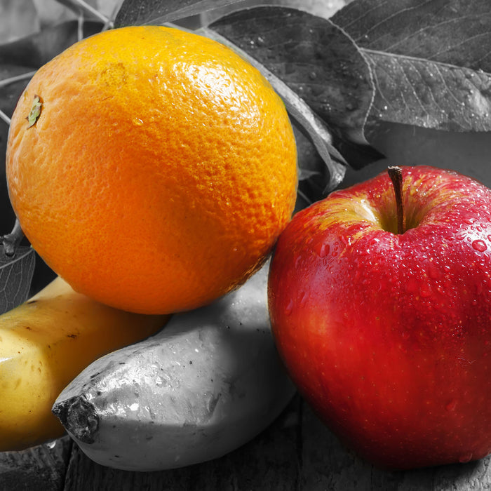 Apfel Banane Orange und Co., Glasbild Quadratisch