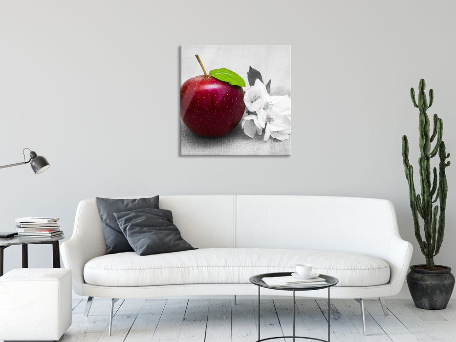 Schöner roter Apfel mit Blüten, Glasbild Quadratisch