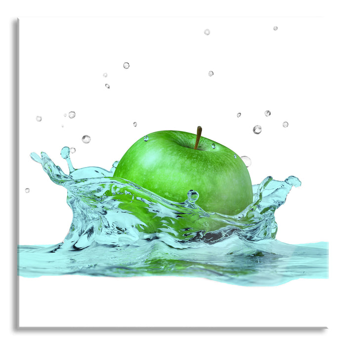 Pixxprint green Apple Apfel fällt in Wasser, Glasbild Quadratisch