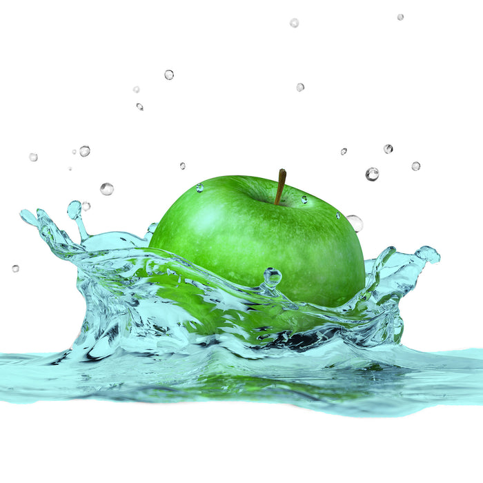 green Apple Apfel fällt in Wasser, Glasbild Quadratisch