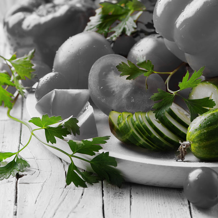 Gemüseteller, Glasbild Quadratisch