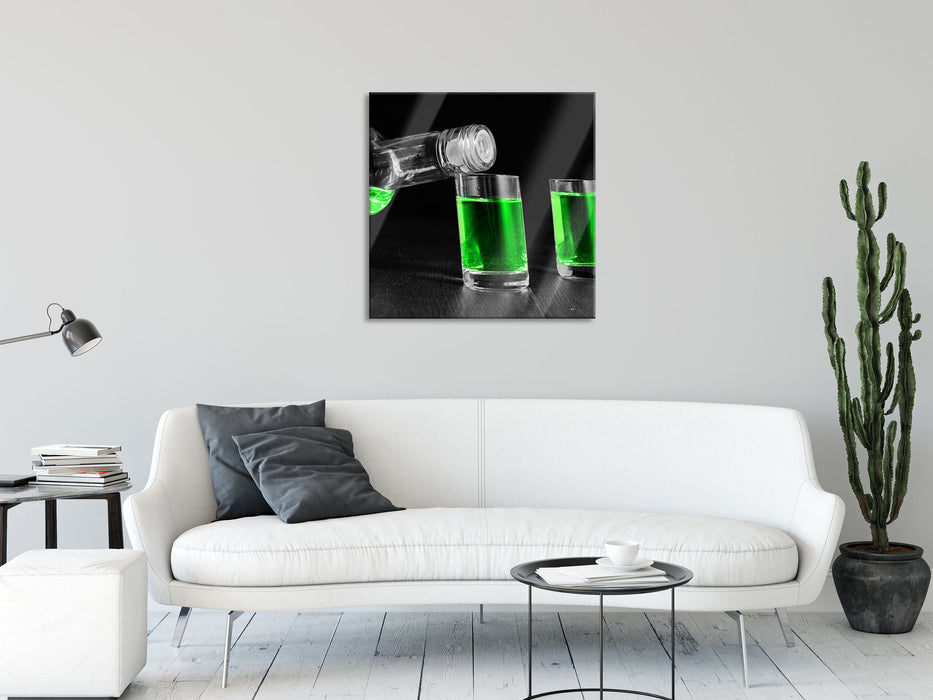 Dark Grüner Absinth, Glasbild Quadratisch