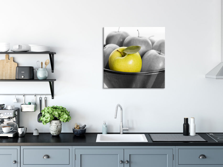 Apple Apfel Korb mit Äpfeln, Glasbild Quadratisch