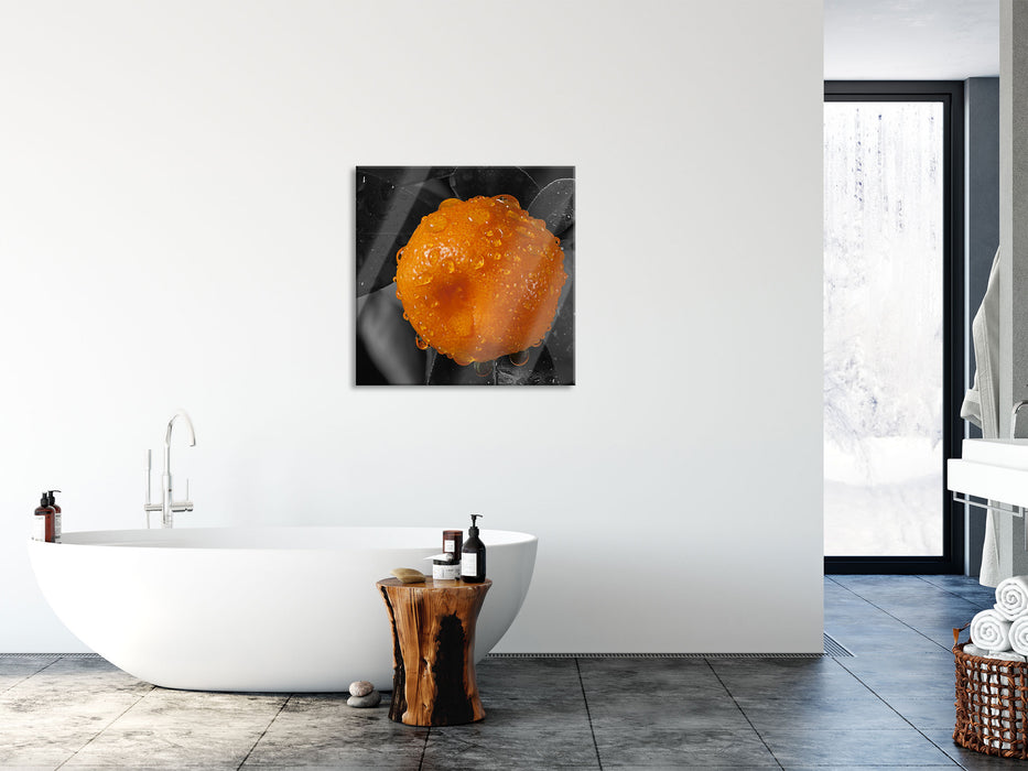 Orange mit Wassertropfen, Glasbild Quadratisch