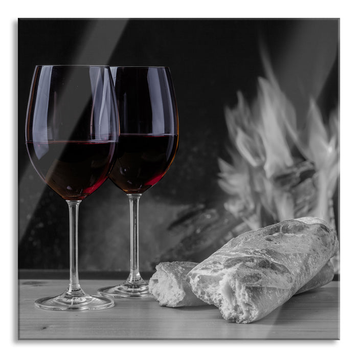 Pixxprint Baguette Wein Picknick, Glasbild Quadratisch