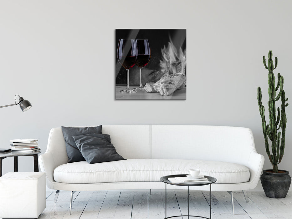 Baguette Wein Picknick, Glasbild Quadratisch