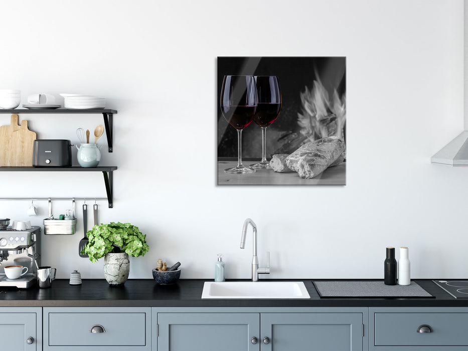 Baguette Wein Picknick, Glasbild Quadratisch