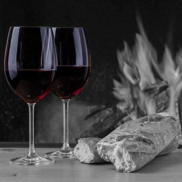 Baguette Wein Picknick, Glasbild Quadratisch