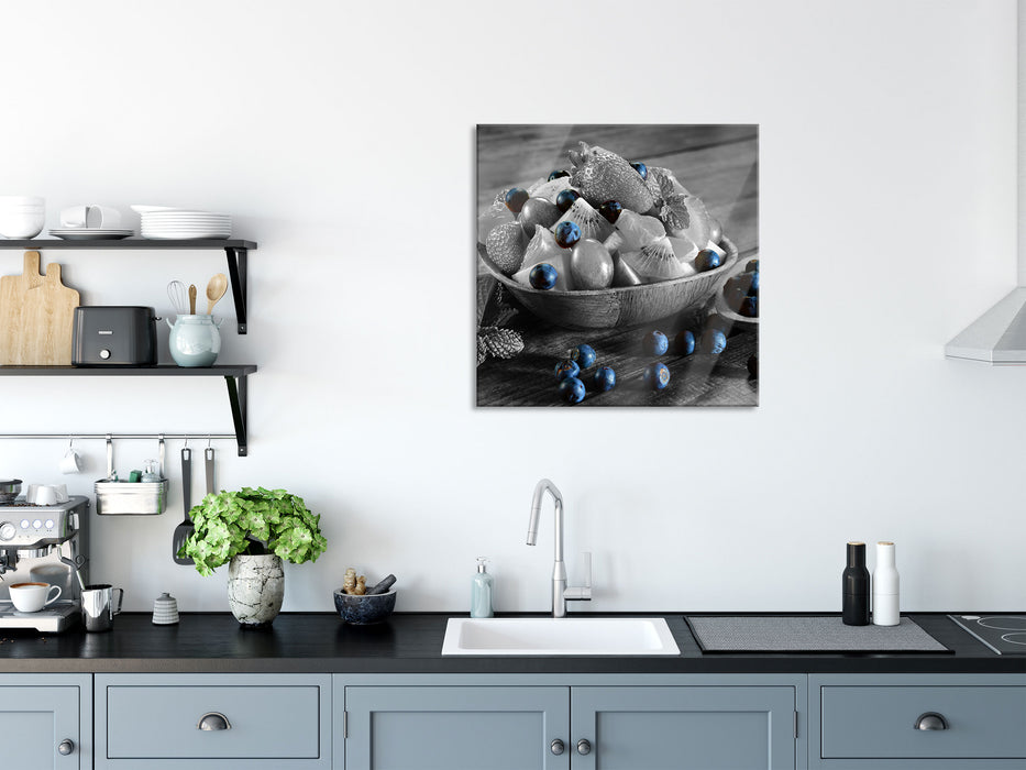 Obst in Holzschale, Glasbild Quadratisch