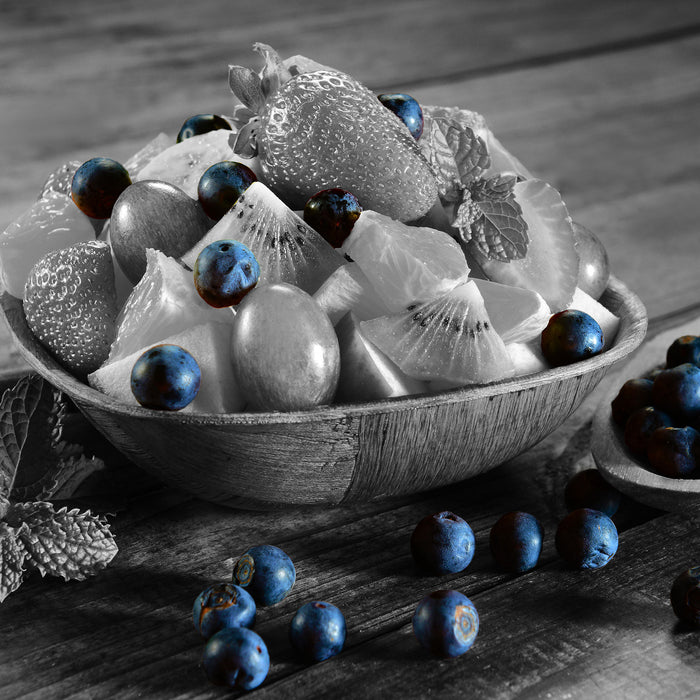 Obst in Holzschale, Glasbild Quadratisch