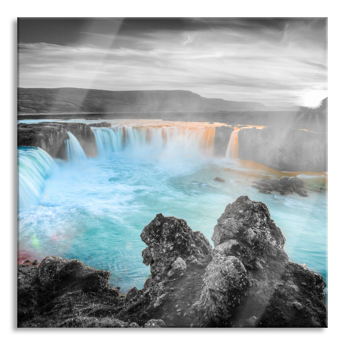 Pixxprint Goðafoss bei Sonnenuntergang, Glasbild Quadratisch