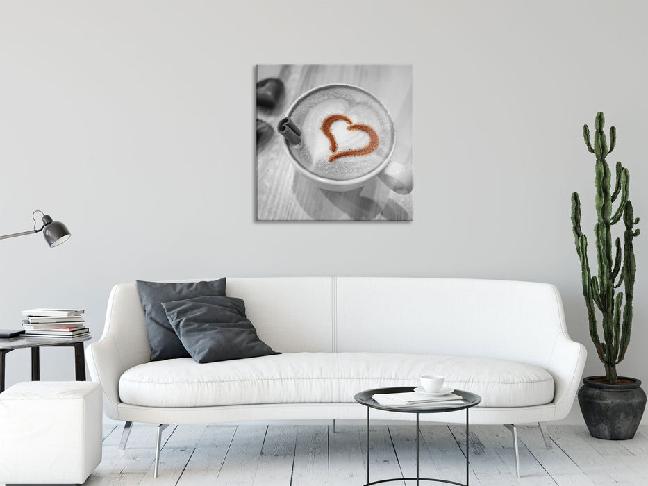 Leckerer Kaffee mit Herz, Glasbild Quadratisch