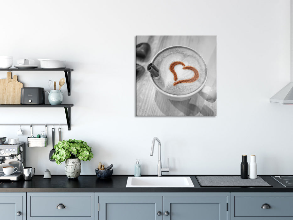 Leckerer Kaffee mit Herz, Glasbild Quadratisch