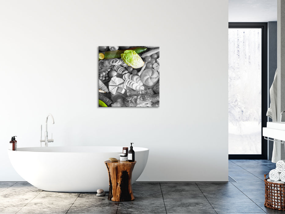 Frühstücksplatte mit Gemüse, Glasbild Quadratisch