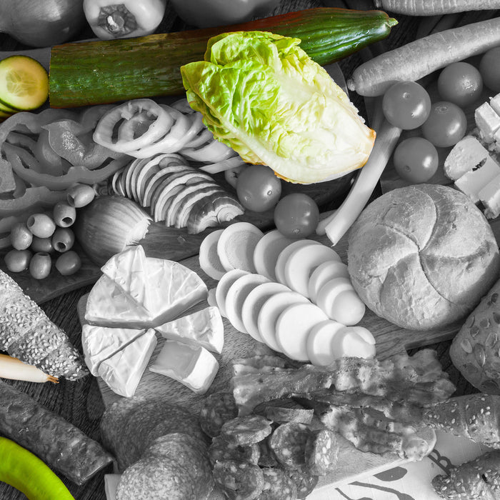 Frühstücksplatte mit Gemüse, Glasbild Quadratisch