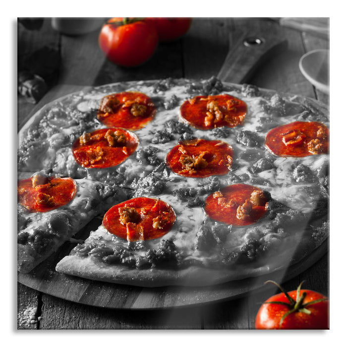 Pixxprint Salamipizza frisch aus dem Ofen, Glasbild Quadratisch