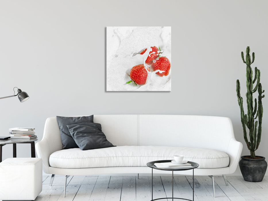 Erdbeeren schwimmen in Milch, Glasbild Quadratisch