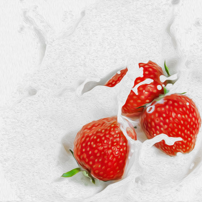 Erdbeeren schwimmen in Milch, Glasbild Quadratisch