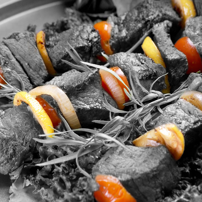 Schaschlik mit Zwiebeln, Glasbild Quadratisch