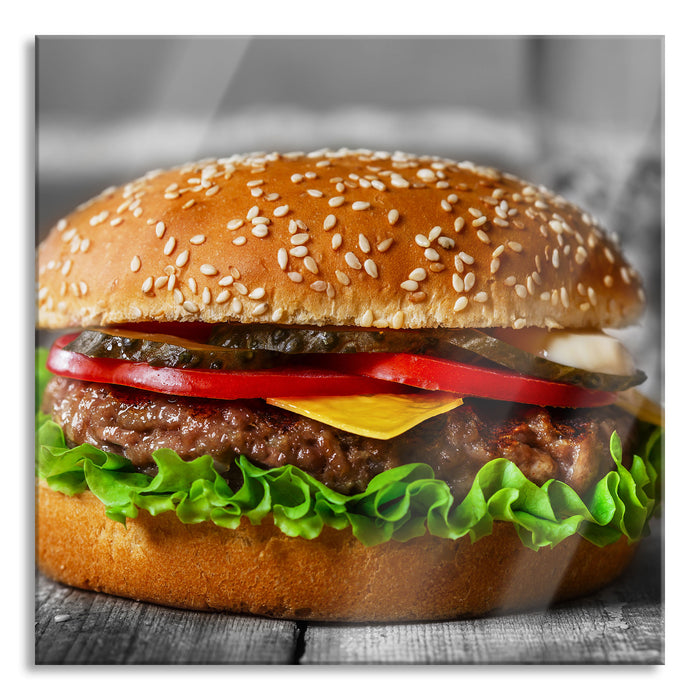 Pixxprint appetitlicher Cheeseburger, Glasbild Quadratisch