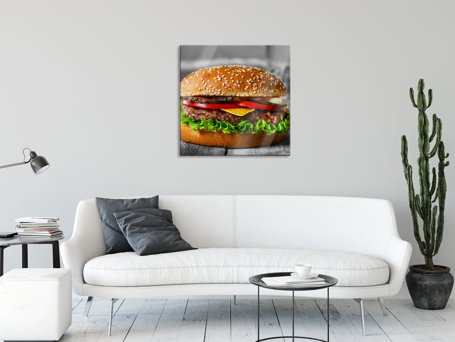 appetitlicher Cheeseburger, Glasbild Quadratisch