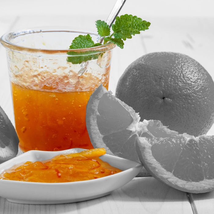 Orangen Marmelade Orangensaft, Glasbild Quadratisch