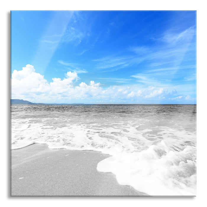 Pixxprint Sandstrand mit Welle, Glasbild Quadratisch