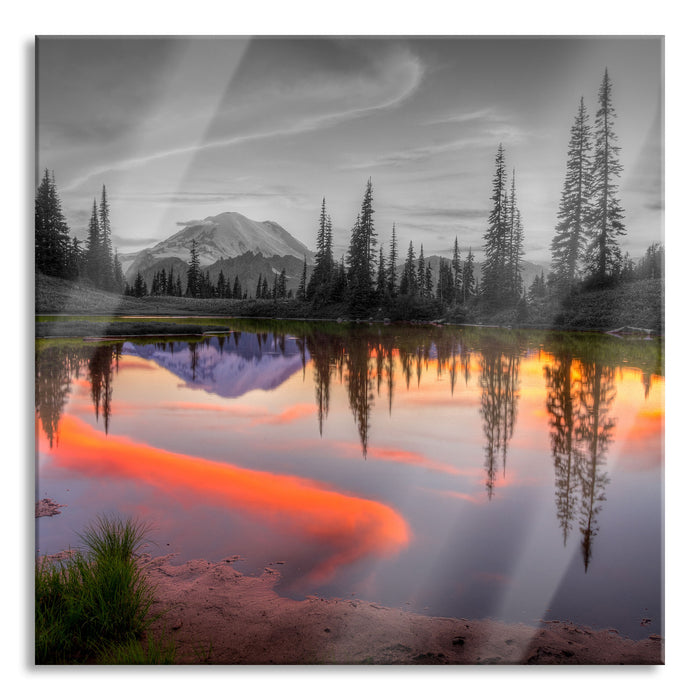 Pixxprint Sonnenaufgang an kleinem Bergsee, Glasbild Quadratisch