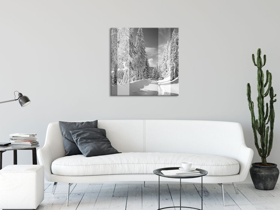 Winterlandschaft mit Bäumen, Glasbild Quadratisch