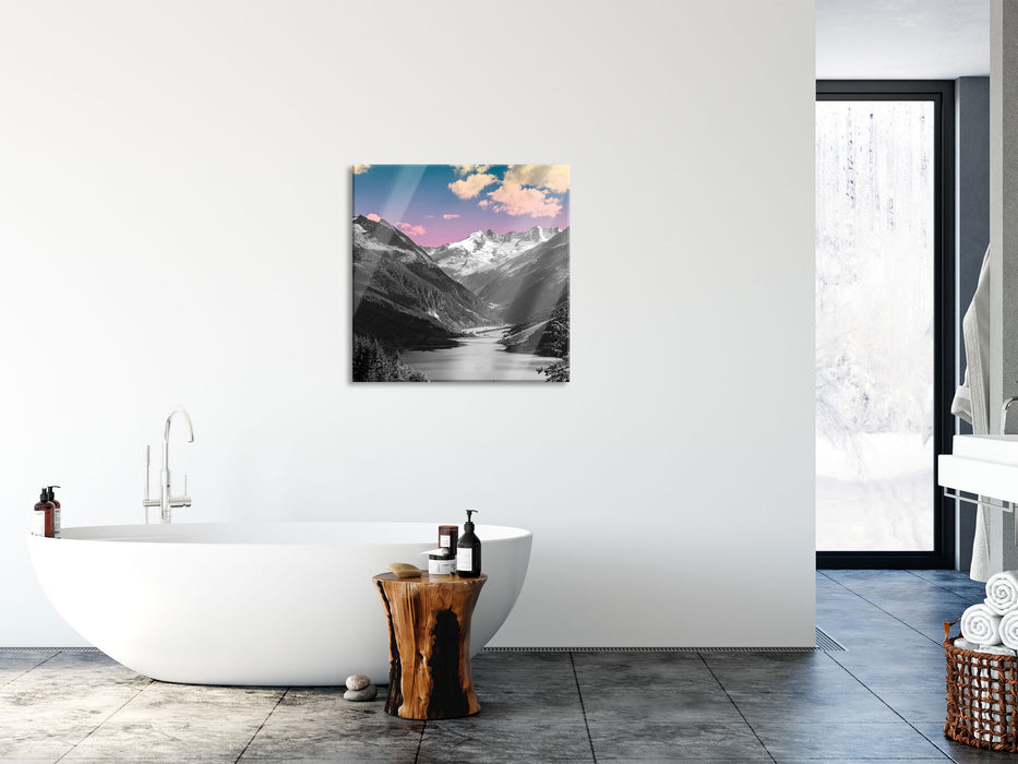 ruhiger See in Berglandschaft, Glasbild Quadratisch