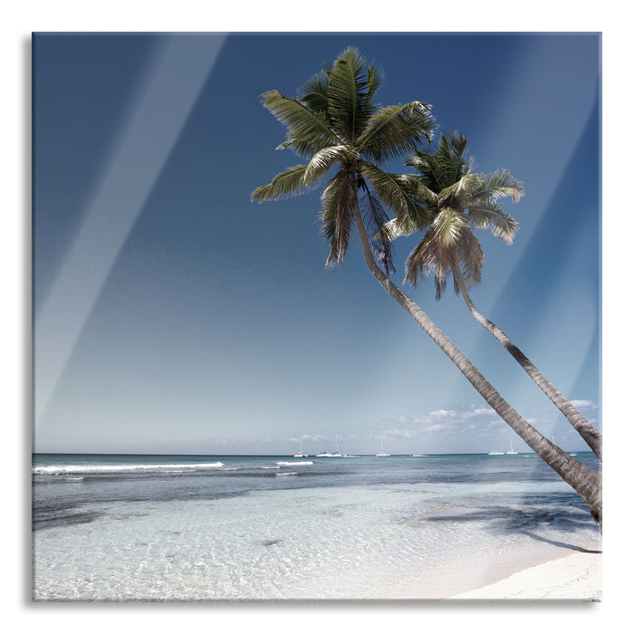 Pixxprint zwei Palmen ragen über das Wasser, Glasbild Quadratisch