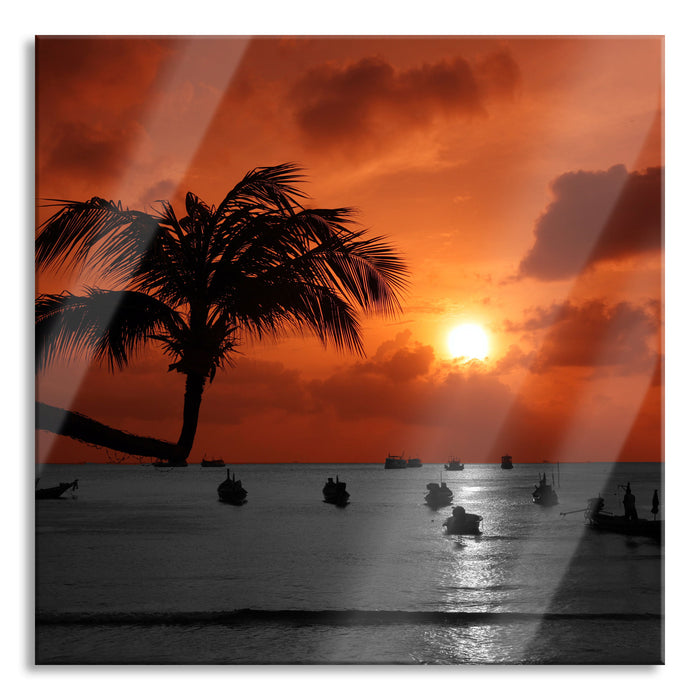 Pixxprint Sonnenuntergang mit Palmen, Glasbild Quadratisch