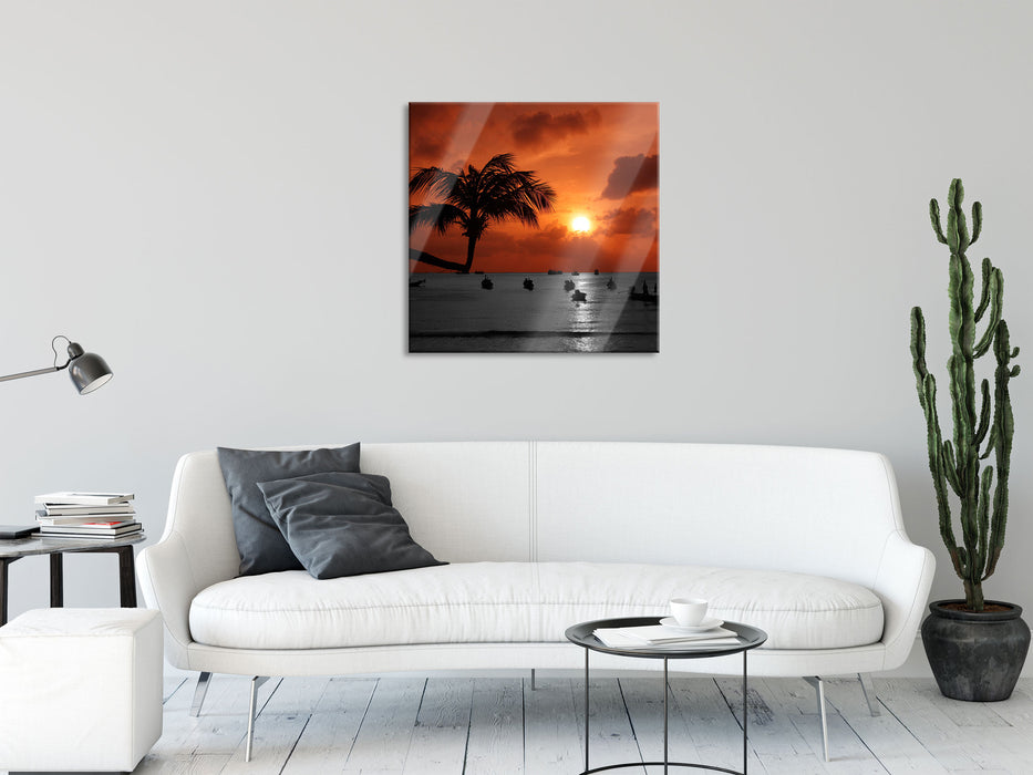 Sonnenuntergang mit Palmen, Glasbild Quadratisch