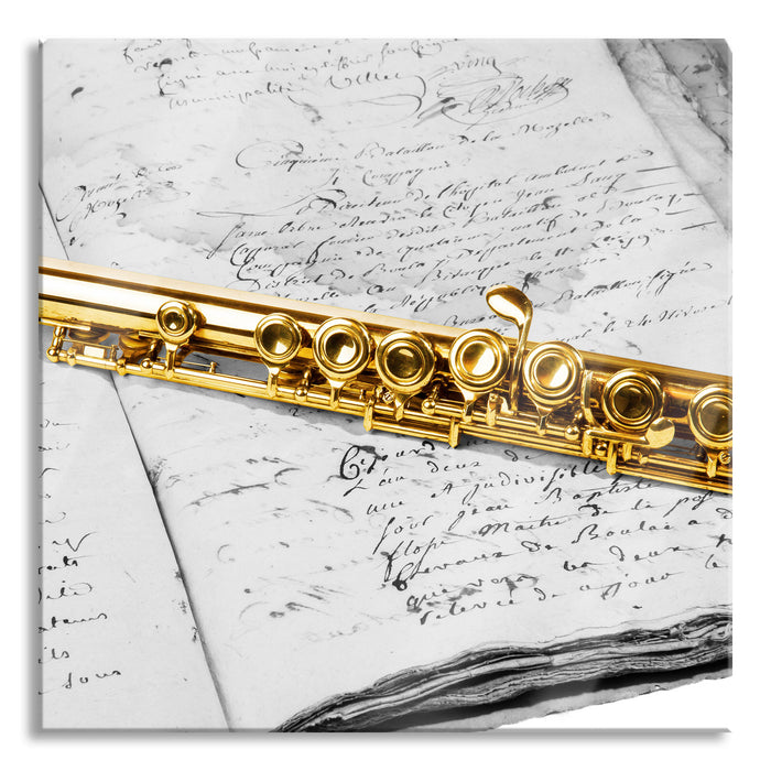 Pixxprint schöne Querflöte auf altem Buch, Glasbild Quadratisch