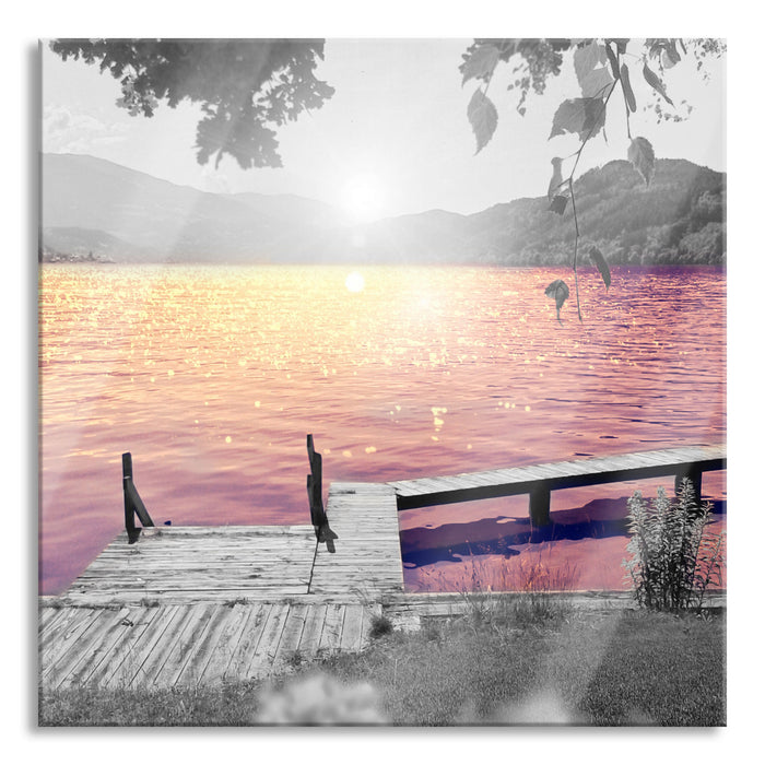 Pixxprint Steg am See bei Sonnenaufgang, Glasbild Quadratisch