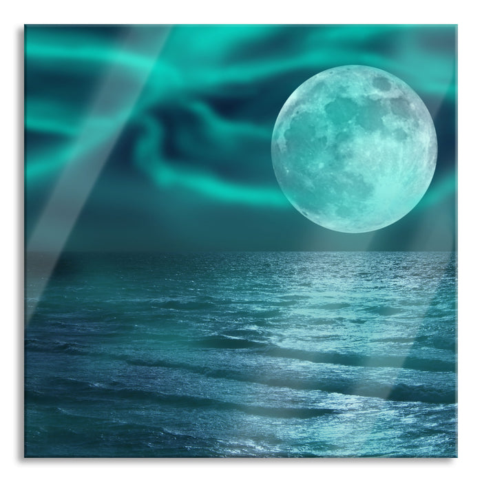 Pixxprint ruhiges Meer mit Vollmond, Glasbild Quadratisch