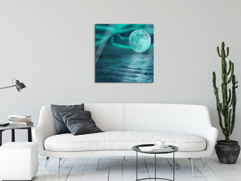 ruhiges Meer mit Vollmond, Glasbild Quadratisch