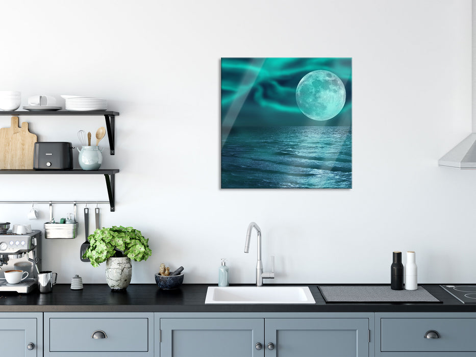 ruhiges Meer mit Vollmond, Glasbild Quadratisch